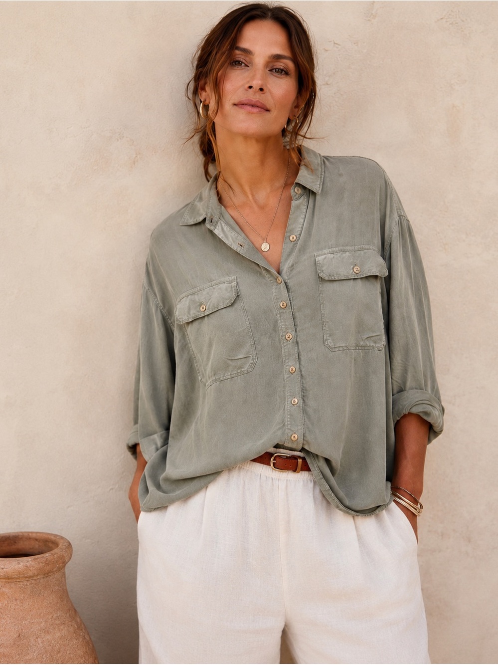 Pilcro Anthropologie Sage Green Oversized Button Up Shirt 100% Viscose